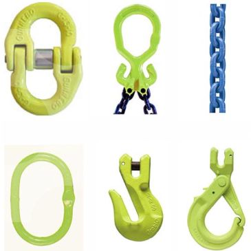 Various green and blue metal lifting hooks and chains.