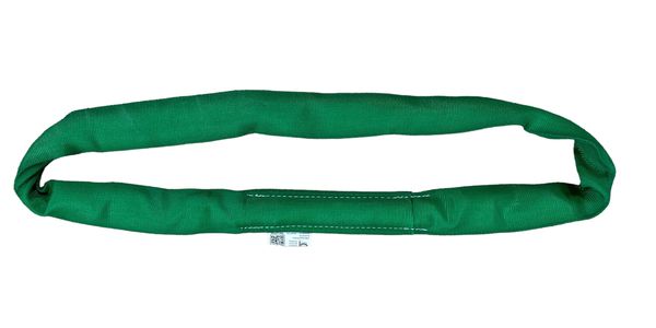 Green fabric lifting sling laid flat.
