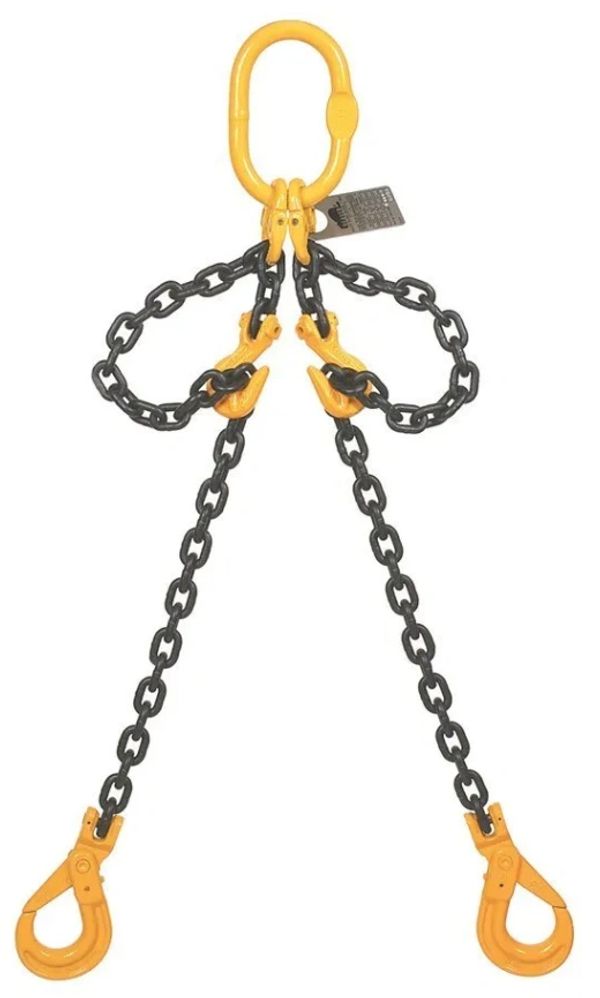 Heavy-duty lifting chain sling with hooks.