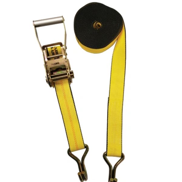 Yellow ratchet strap with hooks.