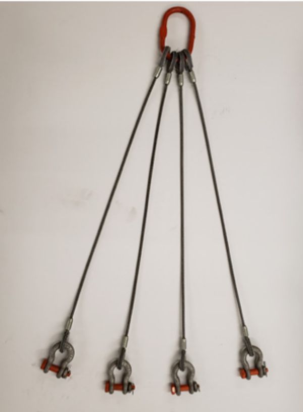 A four-leg wire rope sling with shackles and a master link.
