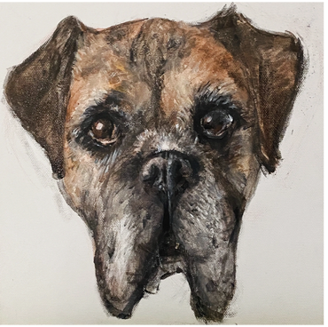 Realistic painting of a dog's face with expressive eyes.