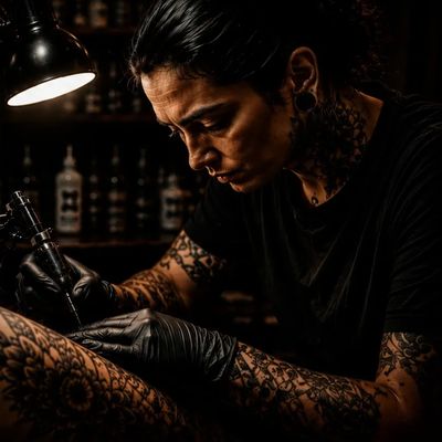 Tattoo artist intensely working on a detailed tattoo in a dimly lit studio.