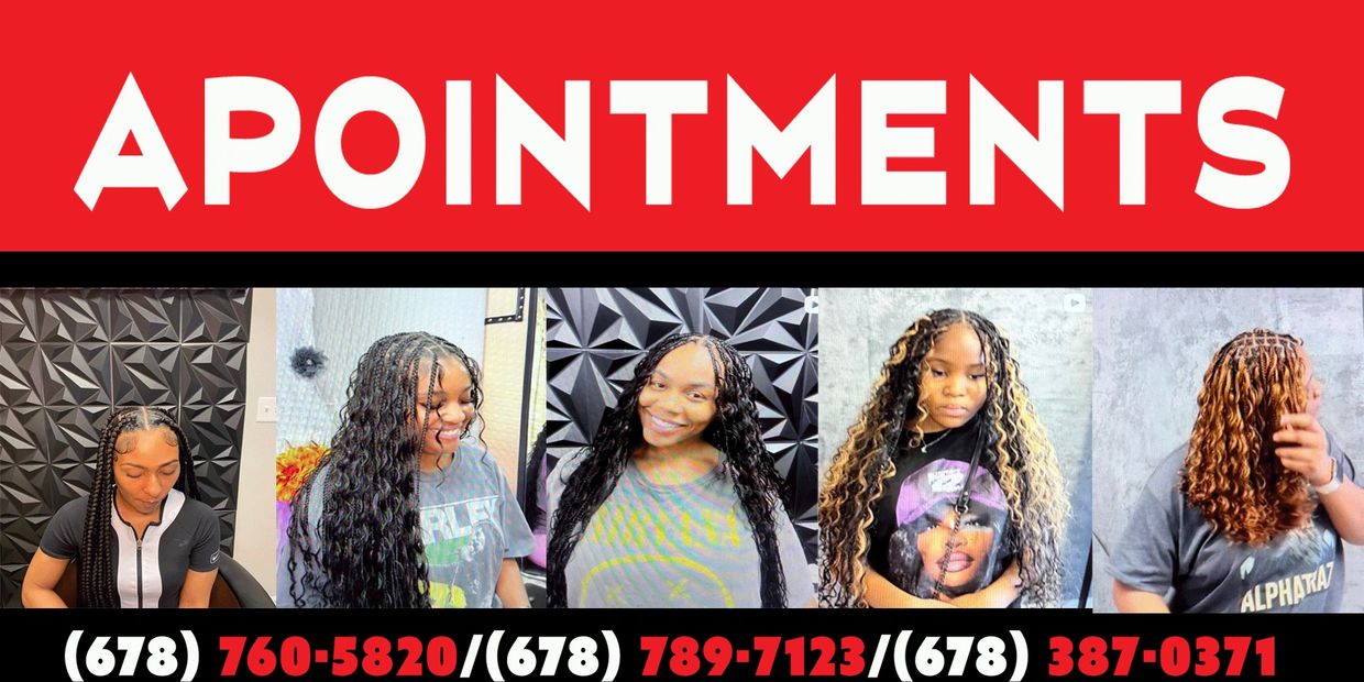 Hairstyle appointment ad with braided and curly styles and contact numbers.