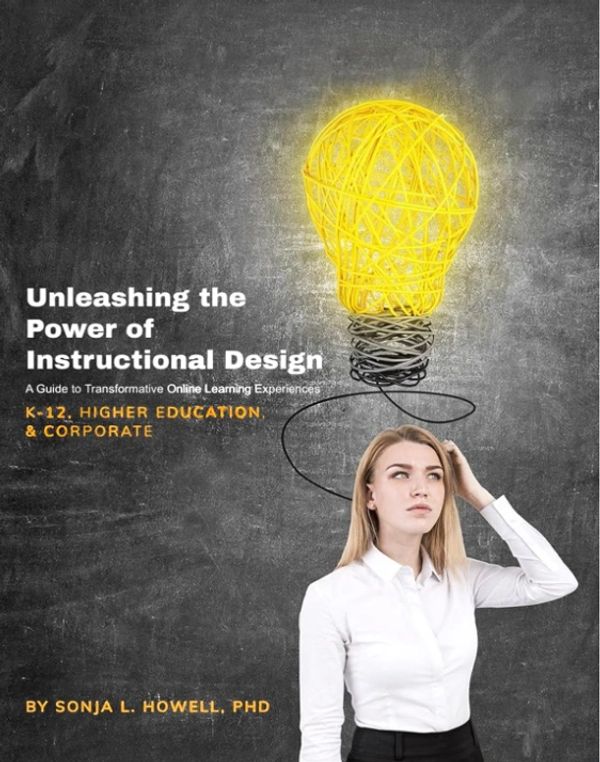Woman with a glowing light bulb above her head symbolizes instructional design ideas.