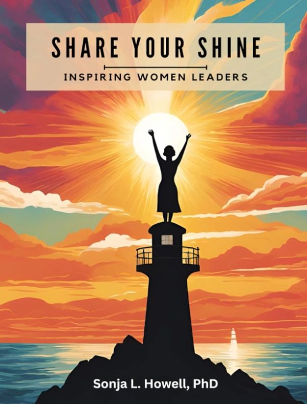 Illustration of a woman standing on a lighthouse with the sun shining behind her.