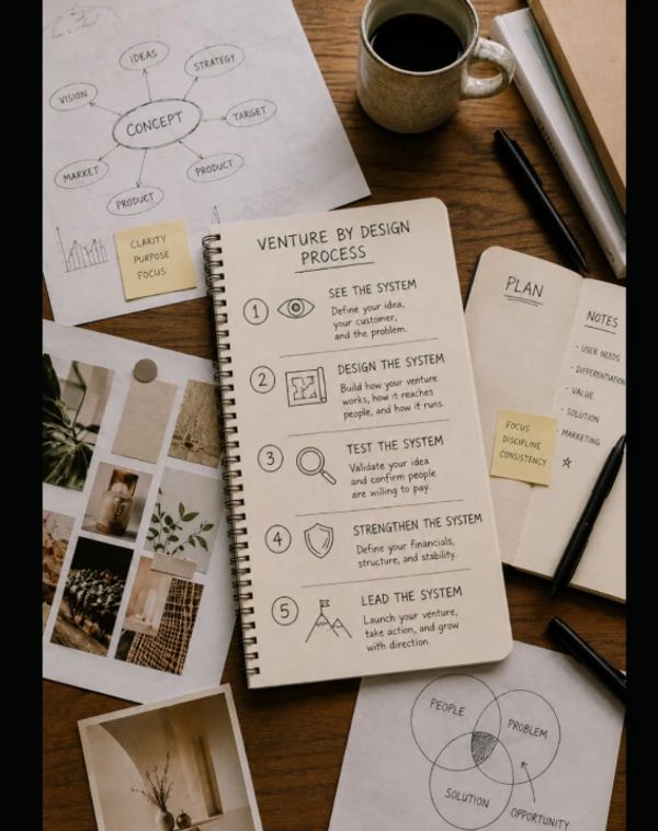 Notebook detailing the 'Venture by Design' process surrounded by planning materials and coffee.