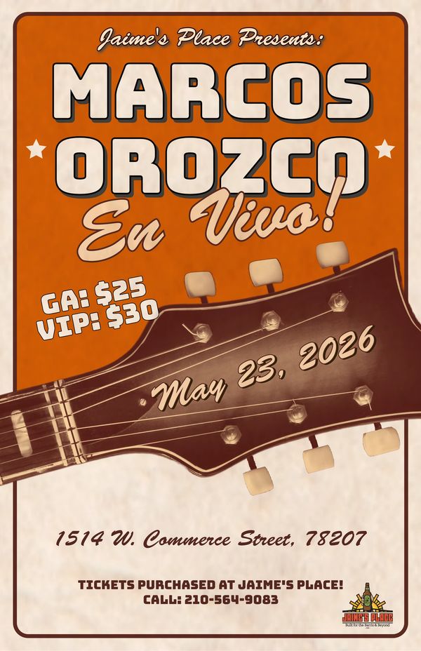 Concert poster for Marcos Orozco live on May 23, 2026 at Jaime's Place.