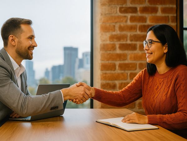 Two professionals shaking hands in a modern office setting.