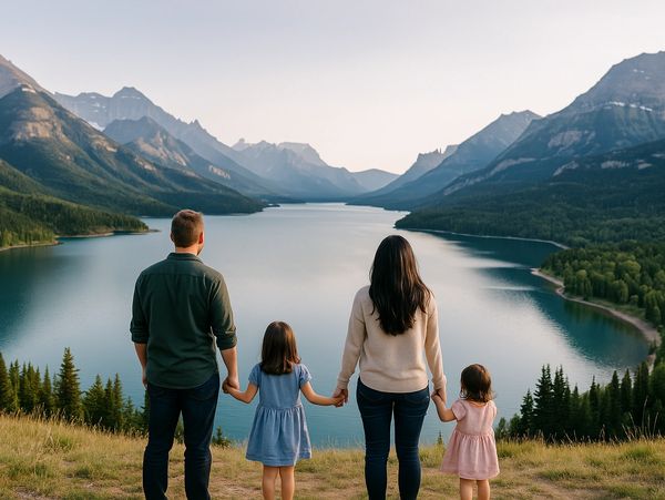 Family holding hands, overlooking a scenic mountain lake view.