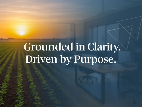 Sunset over a field with an office overlay and inspiring text about clarity and purpose.