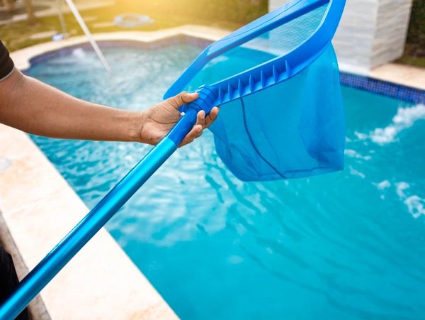 Person with skimmer cleaning pool, Hands holding a skimmer with blue pool in the background. 