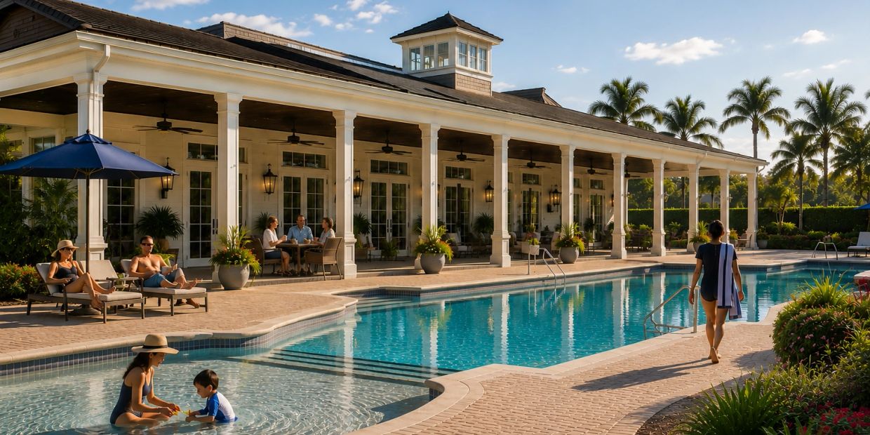People relaxing and enjoying a sunny day by the pool.