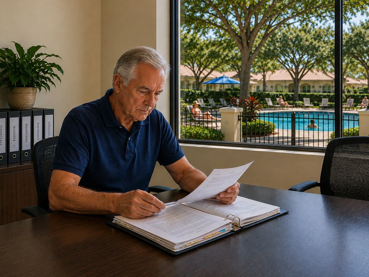 Man reading documents at a table with a pool view.