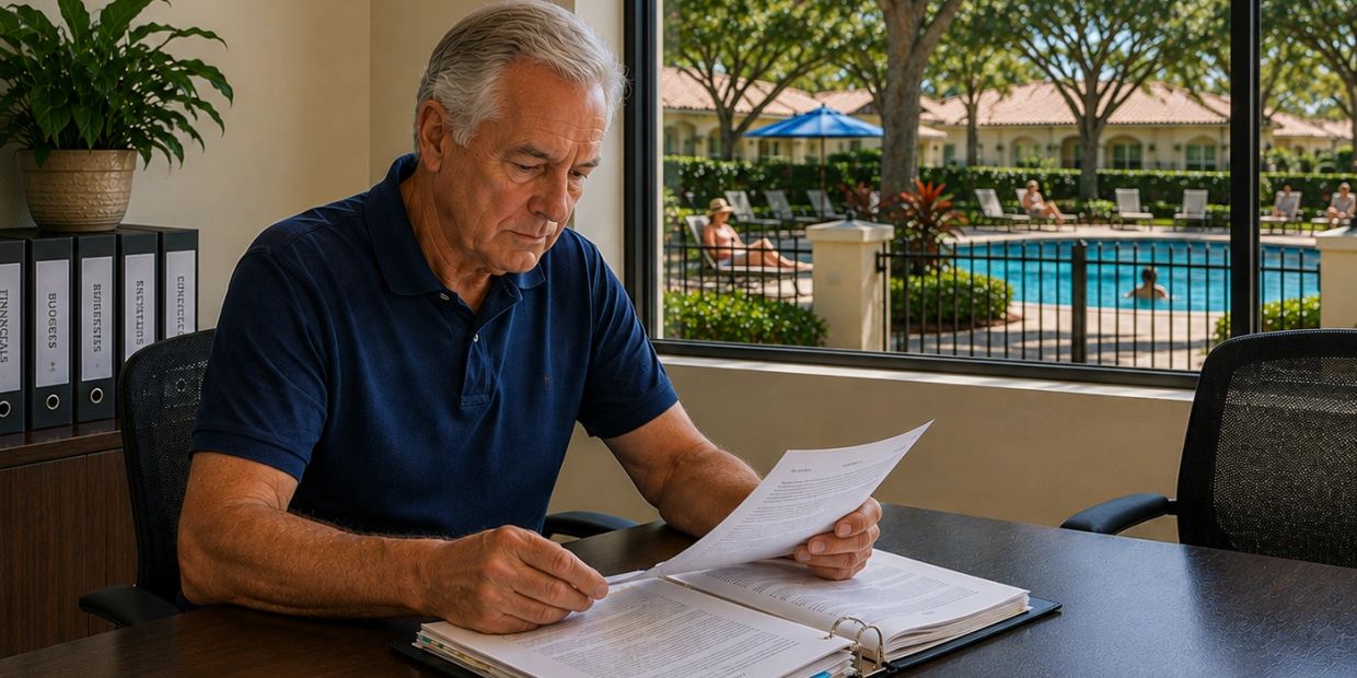 Man reading documents at a table with a pool view.