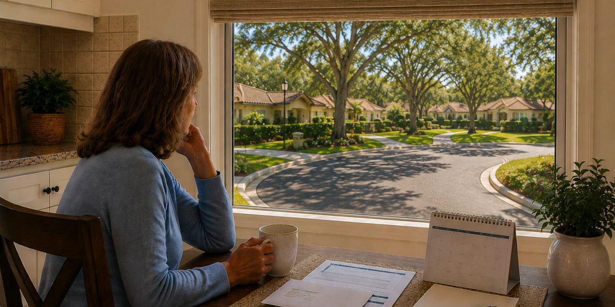 Woman in blue sweater looking out window holding coffee.