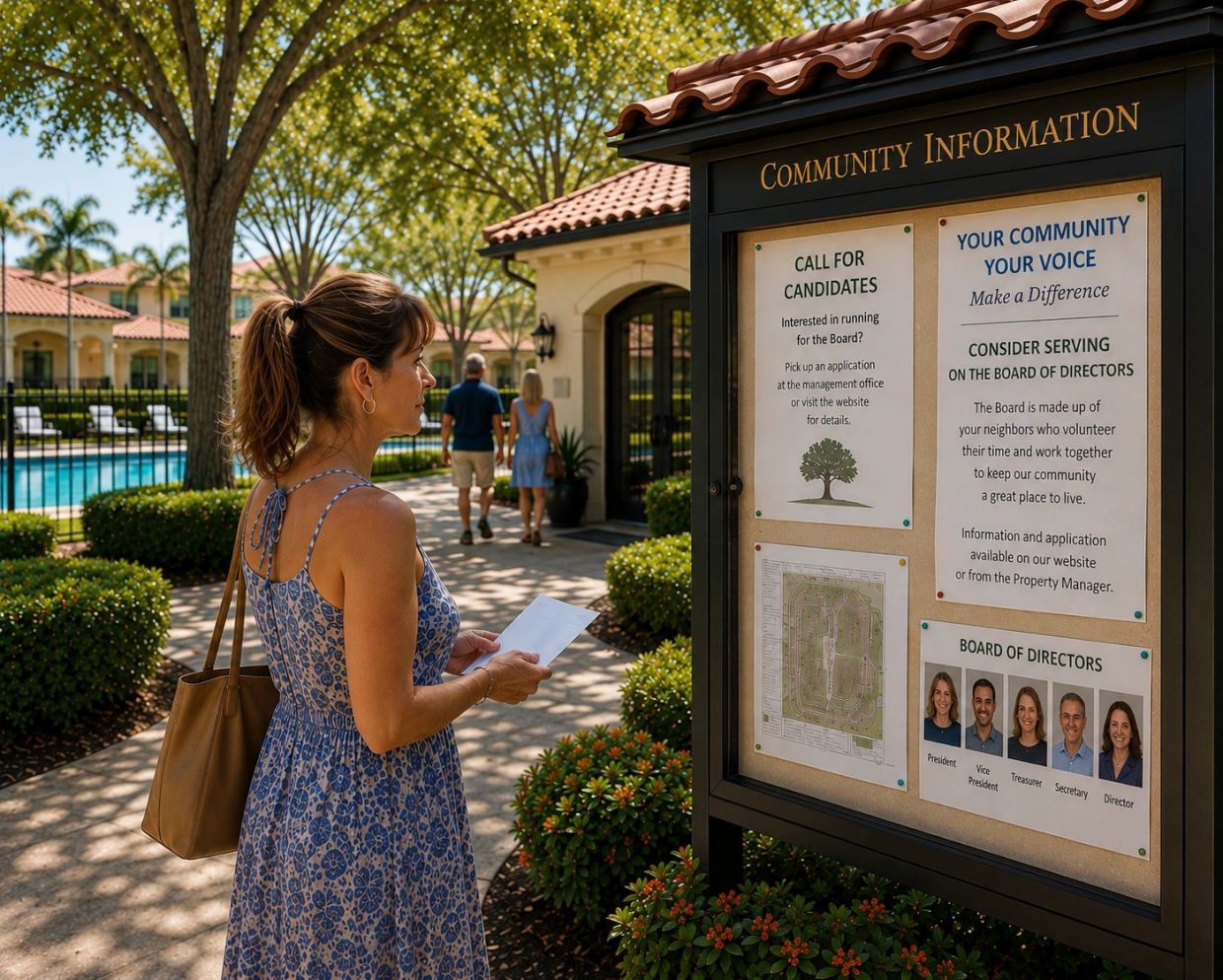 Woman reading community board in sunny neighborhood.