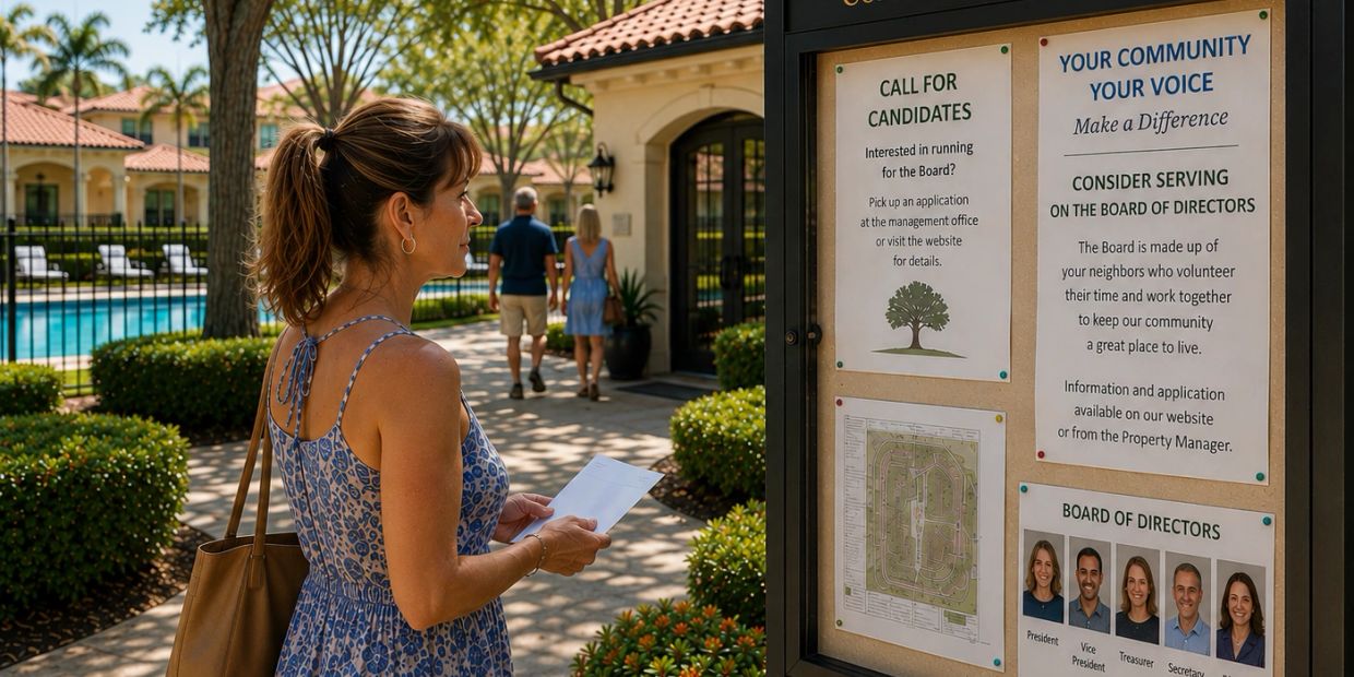 Woman reading community board in sunny neighborhood.