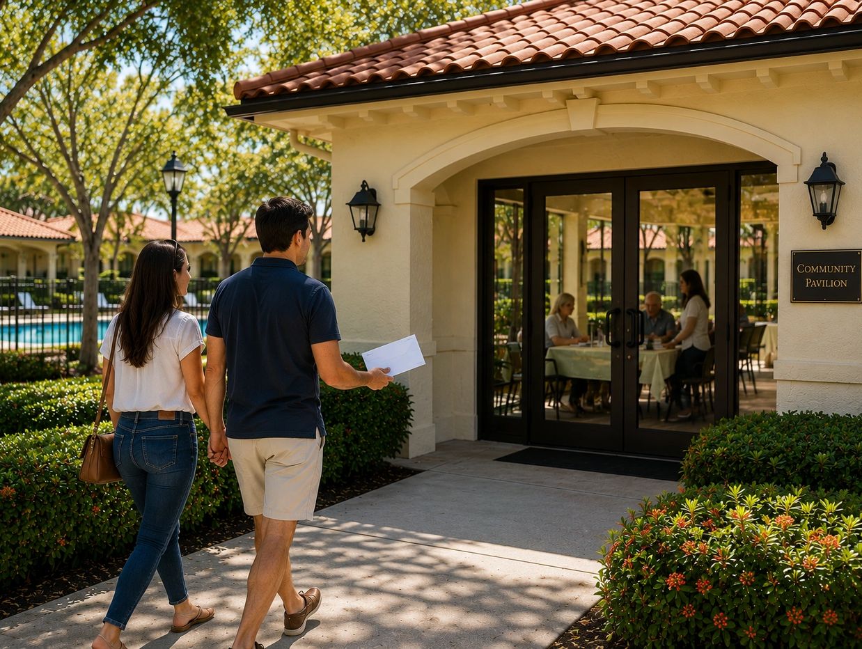 Couple walks to community pavilion on sunny day.