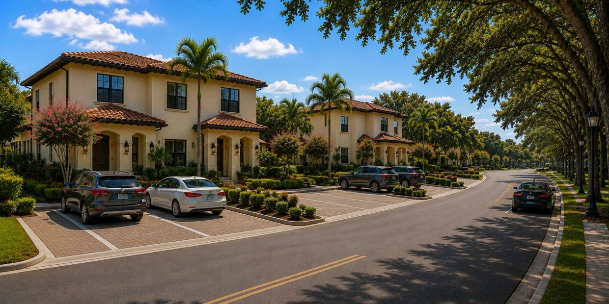 Sunny residential street with townhouses and parked cars.