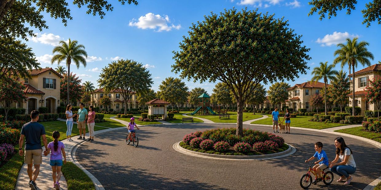 Sunny neighborhood with families enjoying outdoors.