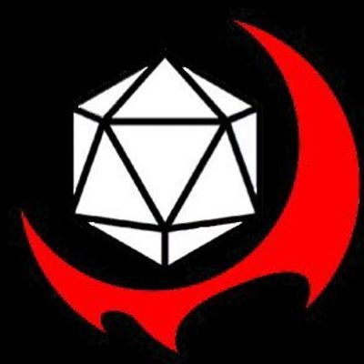 White 20-sided die with a red crescent shape on black background.