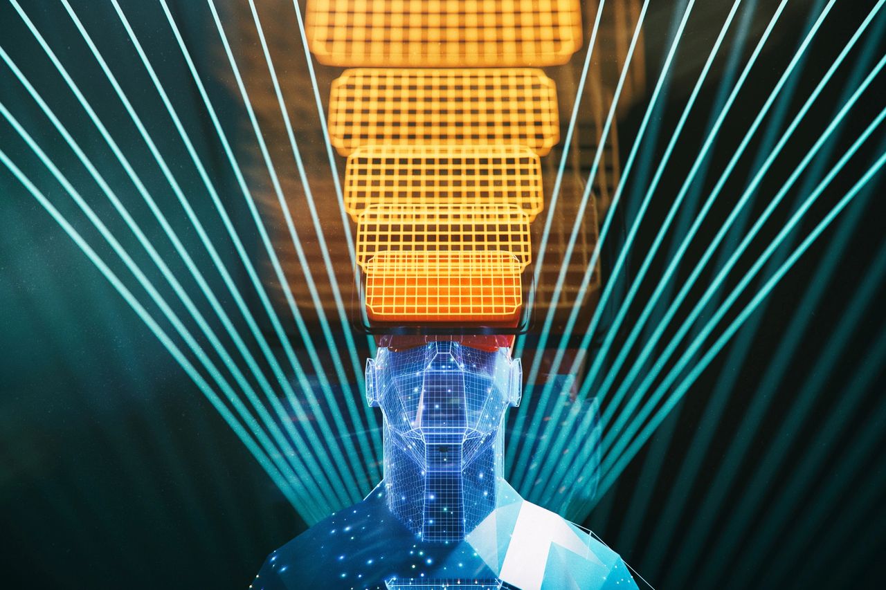 Digital representation of a human figure with a virtual reality headset, surrounded by beams of light and geometric patterns, symbolizing the integration of artificial intelligence in marketing and advertising strategies.