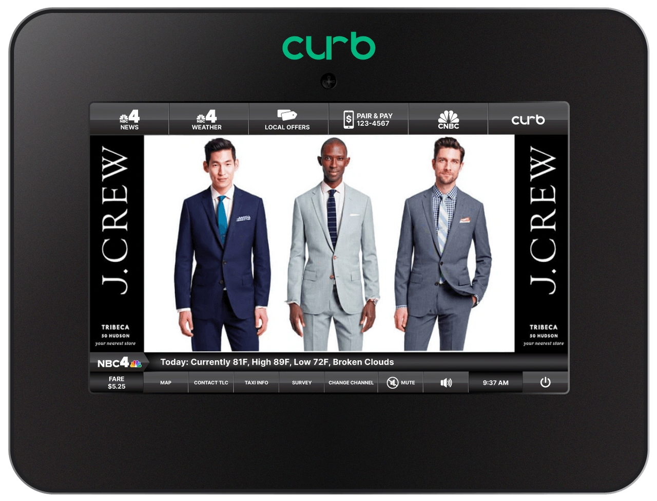Digital advertising display featuring three men in stylish suits by J.Crew, with weather and fare information for rideshare services, emphasizing targeted marketing strategies in rideshare advertising.