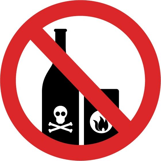 No entry symbol over a bottle and a flammable container, representing restricted products like alcohol and hazardous materials in targeted marketing context.