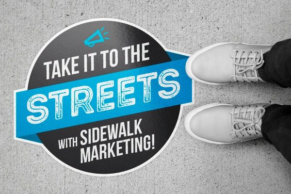 What is Sidewalk Stencils Marketing? Take it to the streets sidewalk stencil with marketing message and casual footwear.