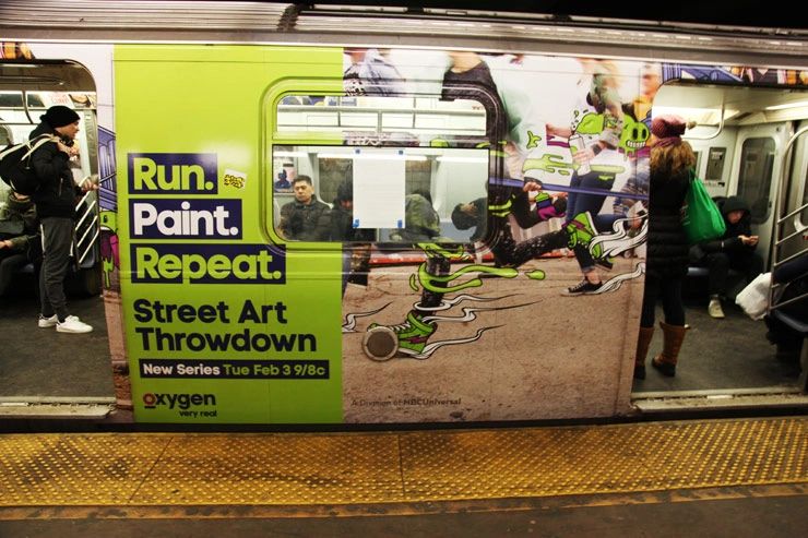 Diving into the world of successful subway ad campaigns, Nike's 'Run the City' initiative stands out. Transforming subway cars into virtual racetracks, it invited commuters to engage and be part of the Nike experience. Subway car advertisement for "Run. Paint. Repeat. Street Art Throwdown" featuring vibrant graphics and promotional details for the Oxygen network series, exemplifying creative subway marketing strategies.