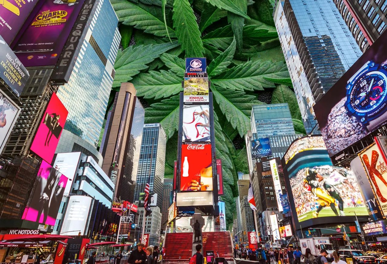 Times Square scene featuring vibrant digital billboards with cannabis leaves in the background, highlighting cannabis advertising amidst New York's urban landscape.