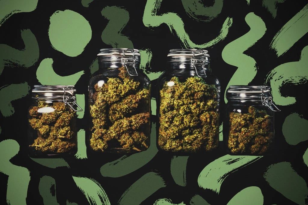 Jars filled with cannabis buds against a vibrant abstract green background, representing the regulated cannabis industry and product compliance in New York.