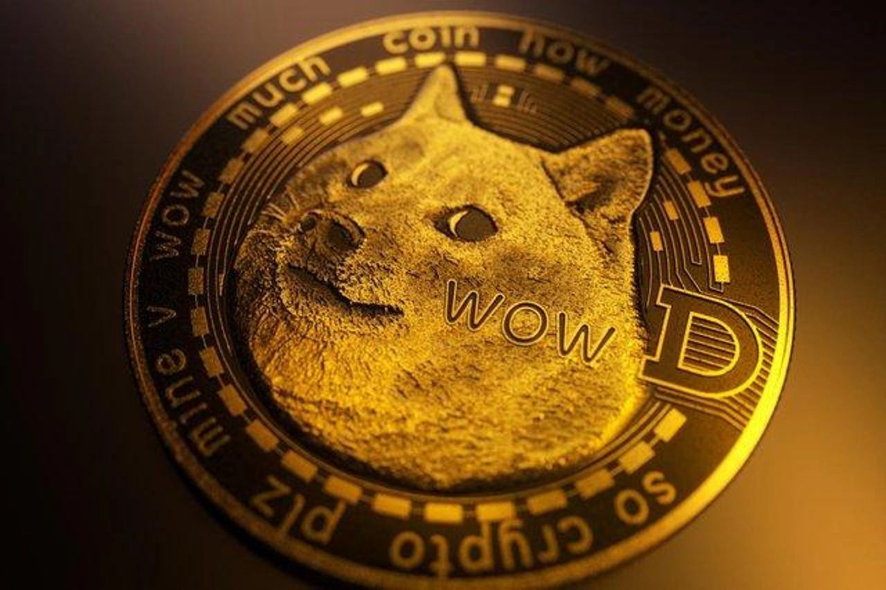 Golden Dogecoin cryptocurrency coin featuring a Shiba Inu face and the text "WOW," symbolizing the rise of digital currencies in advertising.
