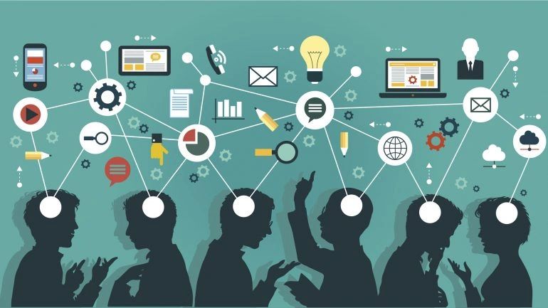 Silhouettes of people engaged in discussion with various marketing and communication icons, symbolizing media buying strategies and targeted advertising techniques.