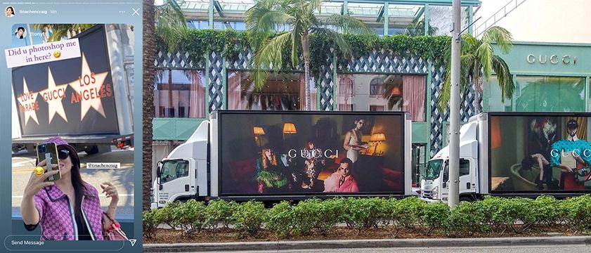Gucci billboard advertisement featuring models in vintage-inspired fashion, showcasing artistic collaboration and modern aesthetics, with a social media post overlay referencing Los Angeles.