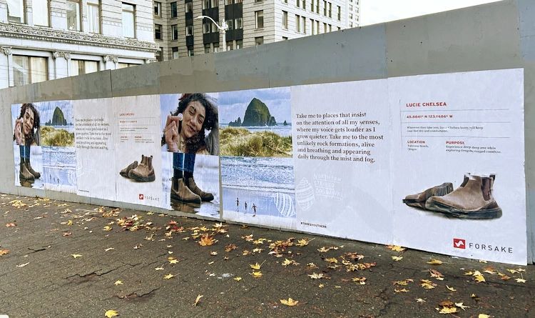 In the age of social media, guerilla marketing finds a powerful ally. Large guerilla marketing poster featuring a smiling woman in outdoor footwear, scenic coastal background, and text promoting Forsake brand, emphasizing emotional connection and adventure.