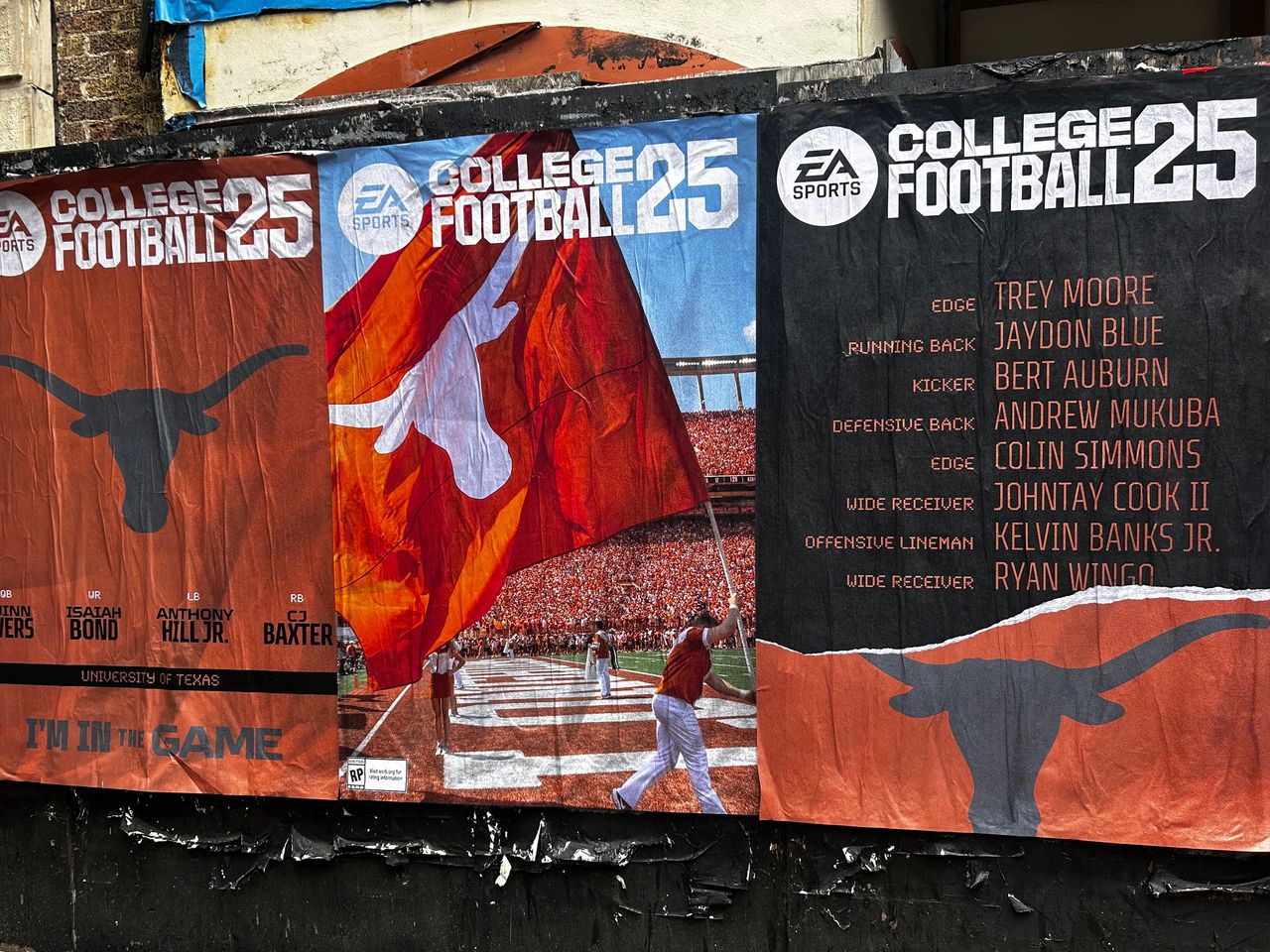 College Football 25 promotional poster featuring University of Texas branding, player names, and vibrant imagery of fans and team spirit, emphasizing poster marketing strategies in Texas.