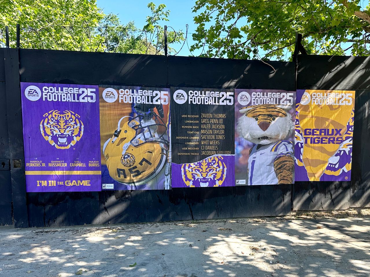 Posters for EA Sports College Football 25 featuring LSU Tigers players and mascot, vibrant purple and gold design, promoting community engagement in Louisiana's sports culture.