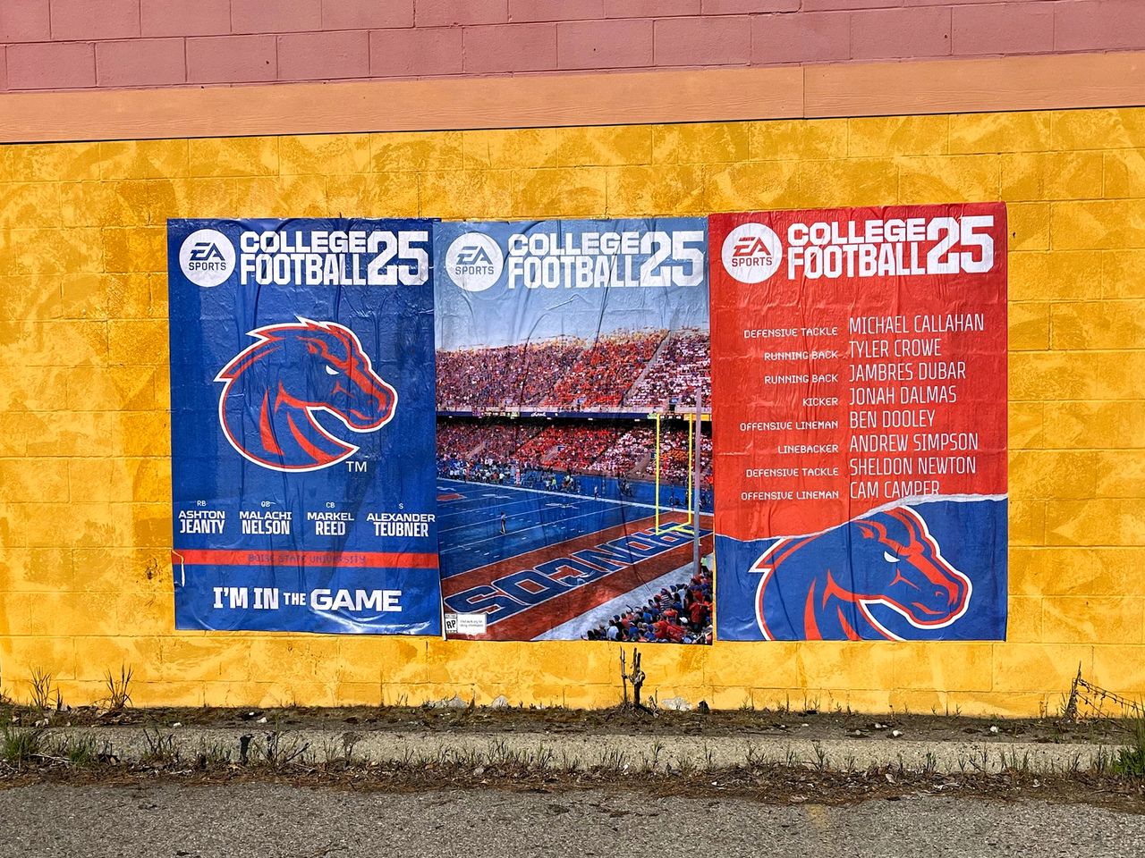 Poster advertising EA Sports College Football 25 featuring Boise State Broncos logo, player names, and vibrant stadium imagery, promoting poster marketing in Idaho.