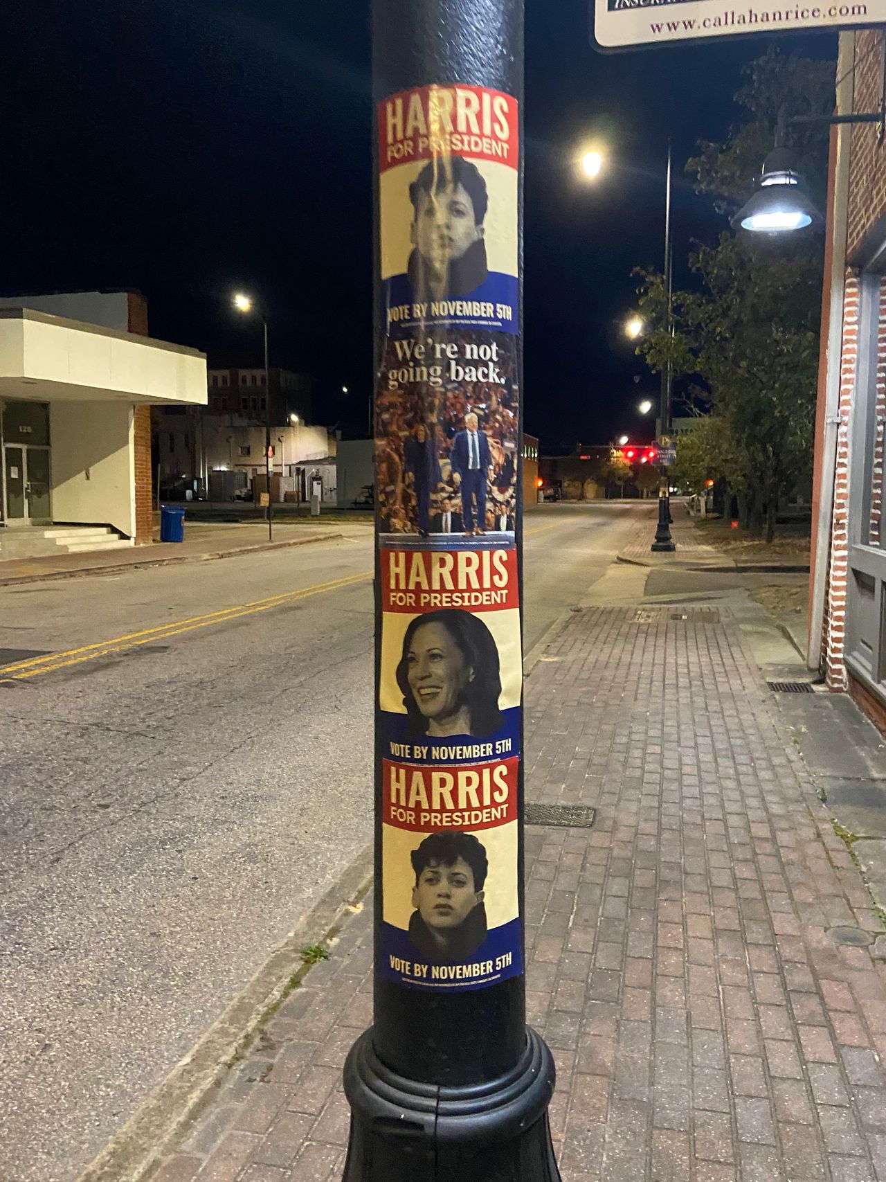 Posters promoting "Harris for President" on a streetlight pole, featuring images of candidates and messages encouraging voting by November 5th, showcasing urban poster marketing strategies in Massachusetts.