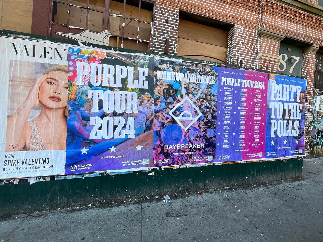 As brands navigate New Mexico's vibrant landscape, poster marketing emerges as an indispensable tool for brand elevation. Colorful urban poster collage featuring promotional ads for the "Purple Tour 2024" and "Party to the Polls," alongside a beauty product advertisement for "Spike Valentino," emphasizing vibrant guerrilla marketing strategies in New Mexico.