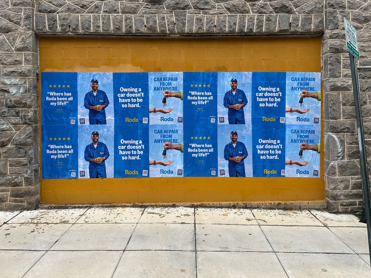 Posters featuring a smiling mechanic in blue overalls promoting car repair services by Roda, with slogans emphasizing ease of car ownership and community engagement in urban Utah settings.