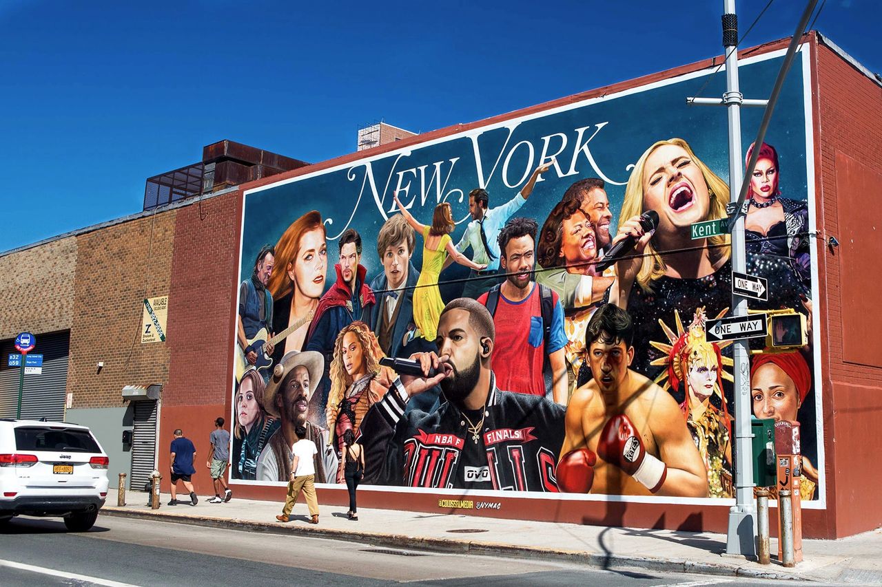 Mural featuring iconic figures and cultural representations of New York, showcasing vibrant artistry and community engagement.