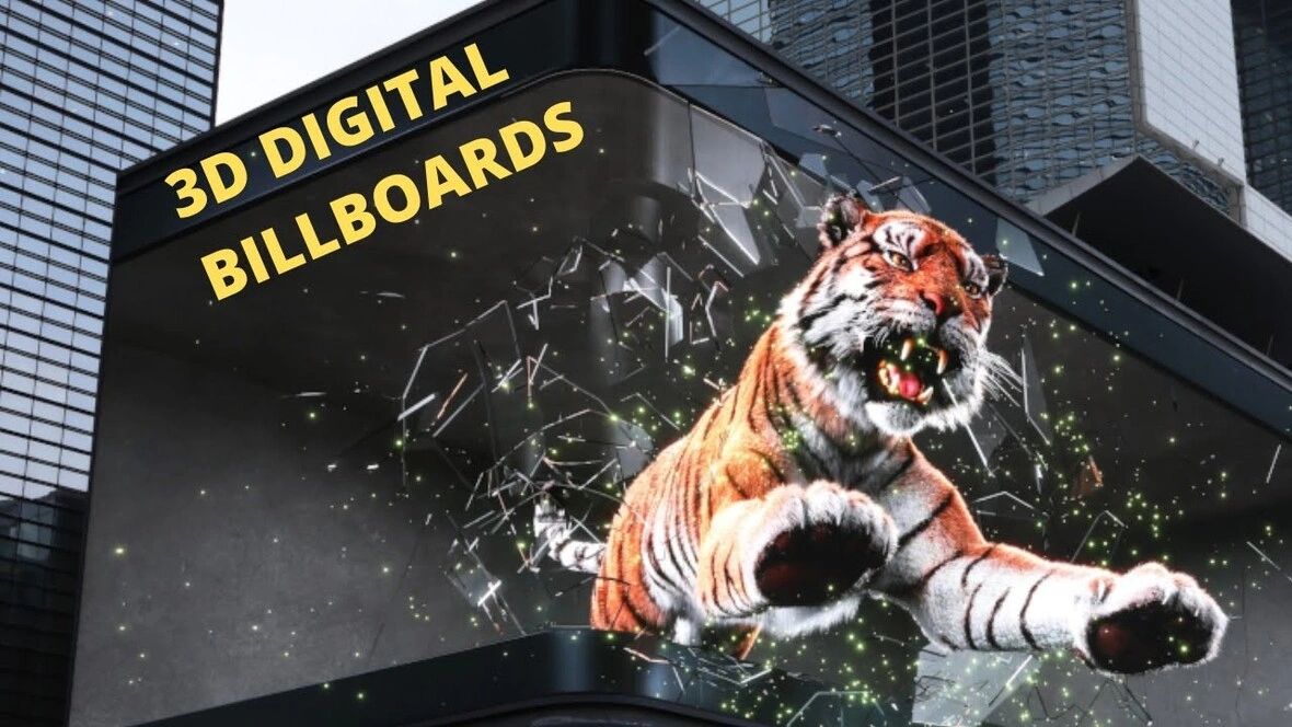 Advertising could change a lot with the help of virtual reality (VR) and augmented reality (AR) 3D digital billboard displaying a roaring tiger breaking through a wall, illustrating innovative outdoor advertising techniques using augmented reality (AR) and virtual reality (VR).