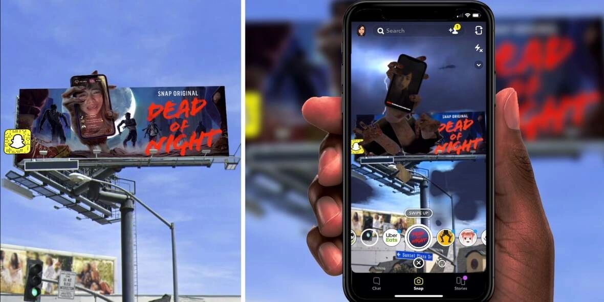 Digital billboard advertising featuring augmented reality for "Snap Original: Dead of Night," showcasing interactive engagement with a smartphone displaying the billboard's content.