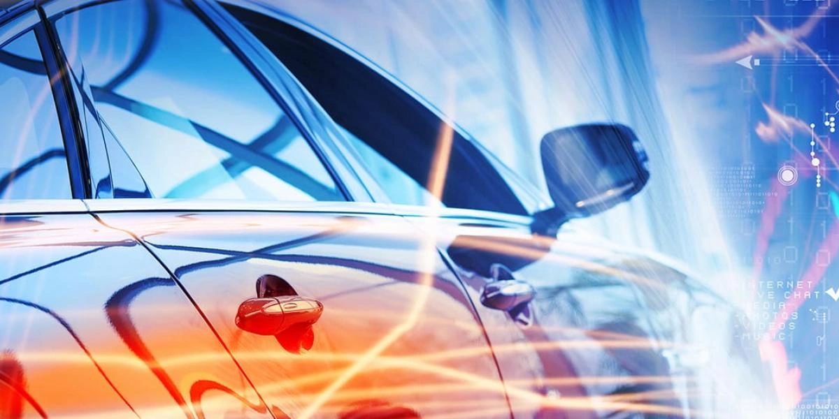 Car exterior with reflections and digital overlays, symbolizing automotive advertising and technology in marketing strategies.