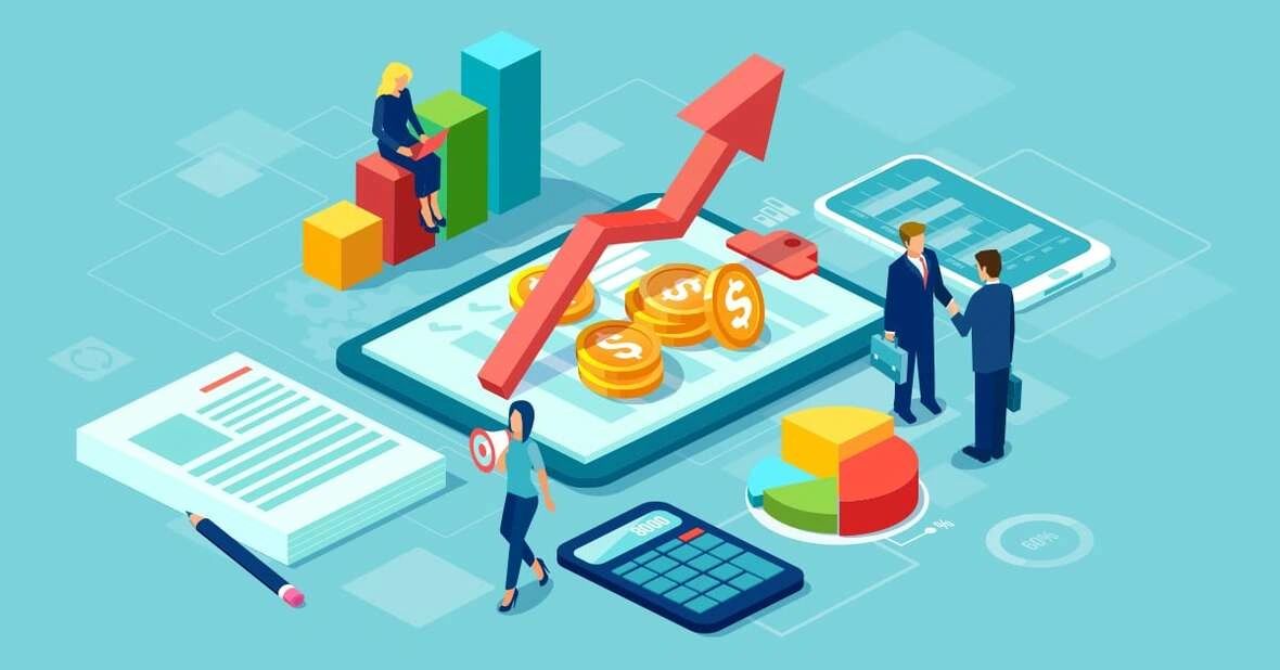 Illustration of programmatic advertising concepts, featuring a rising graph, coins, business professionals shaking hands, and analytics tools, symbolizing financial growth and targeted marketing strategies.