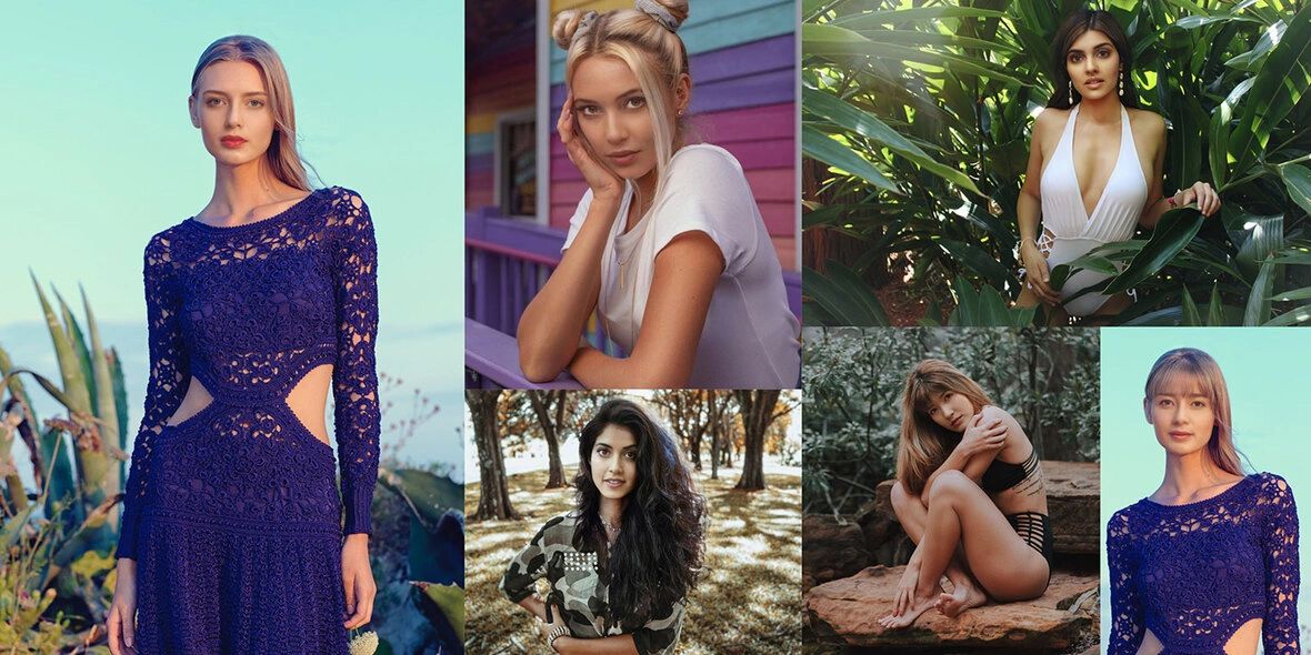 Models showcasing diverse fashion styles, including elegant dresses and swimwear, in various outdoor and colorful settings, reflecting the impact of visual aesthetics in marketing.