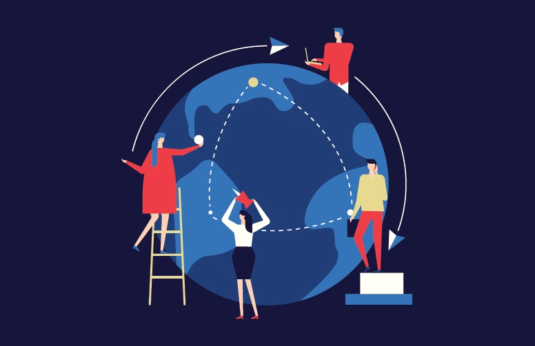 Illustration of diverse individuals interacting with a globe, symbolizing global marketing strategies and programmatic advertising.